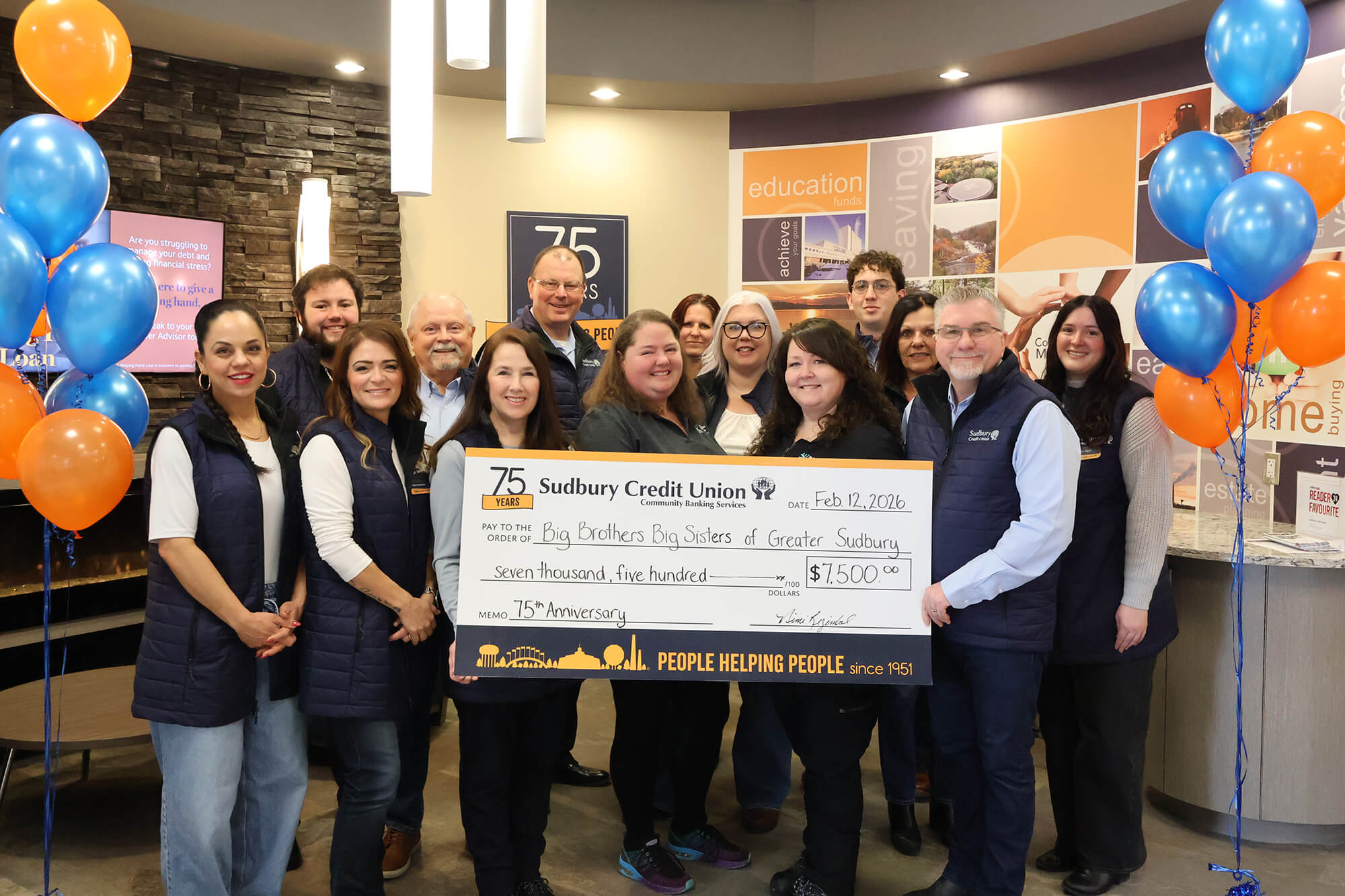 SCU staff present a cheque for $7,500 to Big Brother Big Sisters of Greater Sudbury